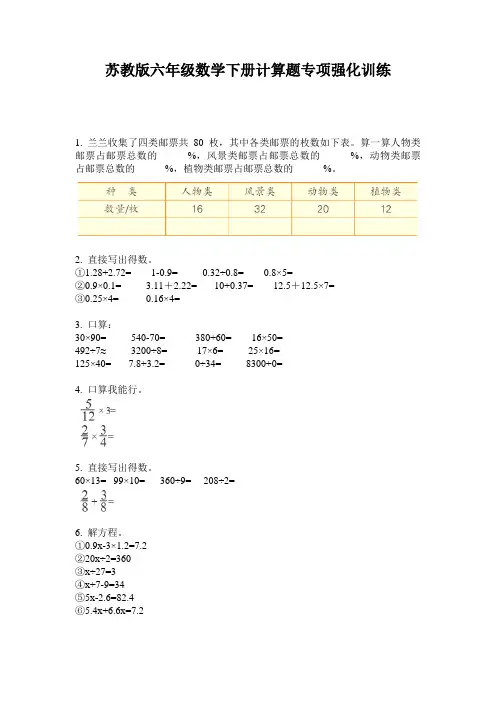 苏教版六年级数学下册计算题专项强化训练
