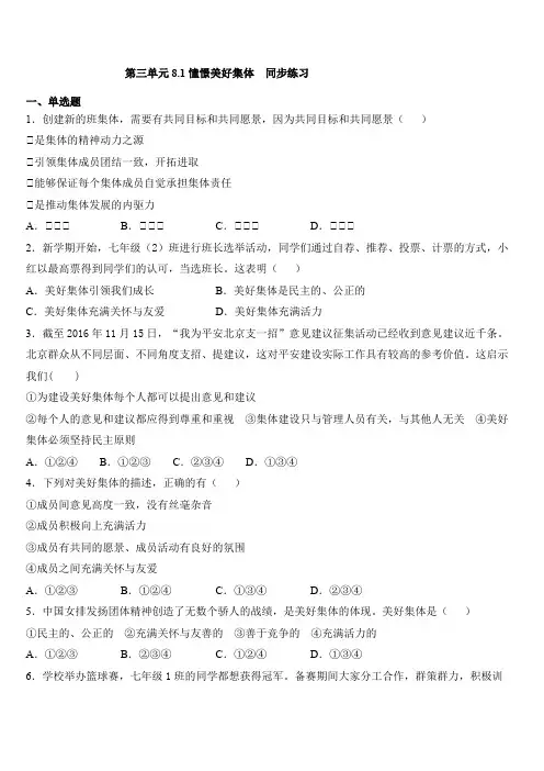 人教版道德和法治七年级下册 8.1 憧憬美好集体 课时训练
