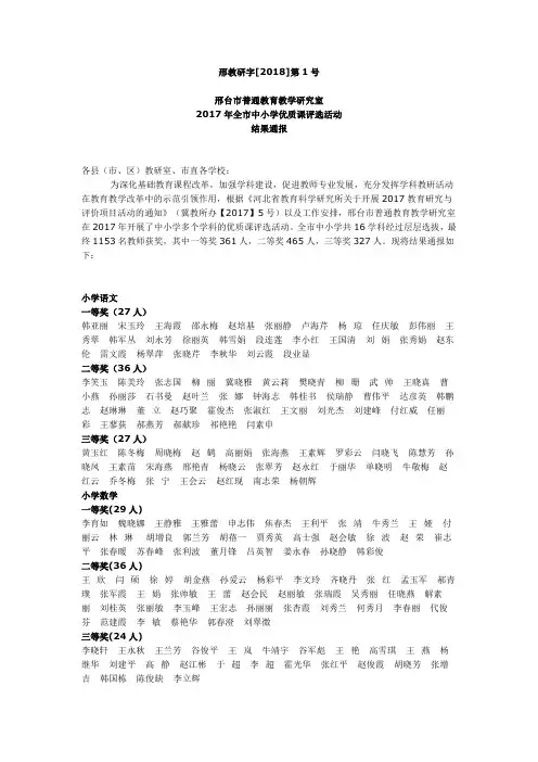 2017年邢台市中小学优质课评选活动结果通报