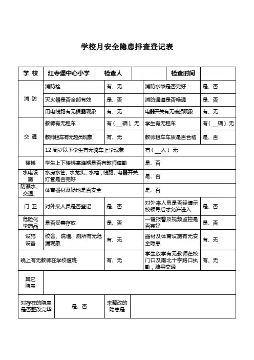 学校月安全隐患排查登记表