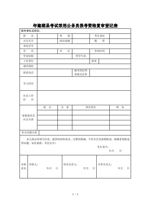 2019年建湖县考试录用公务员报考资格复审登记表