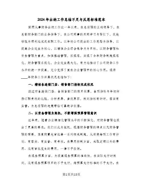 2024年出纳工作总结不足与反思标准范本(3篇)