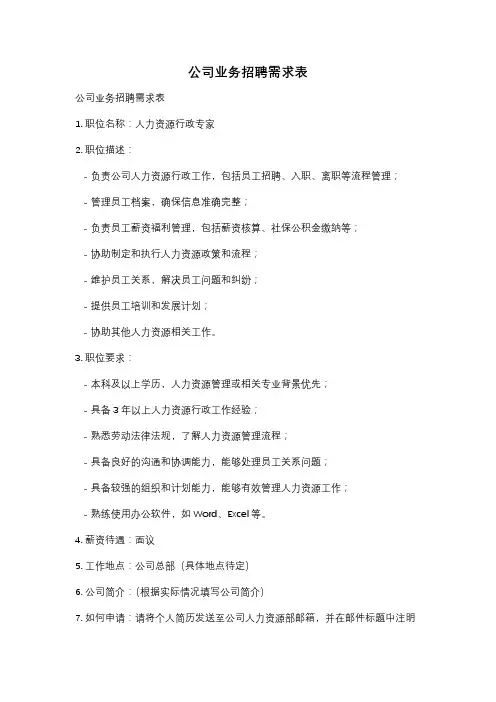公司业务招聘需求表