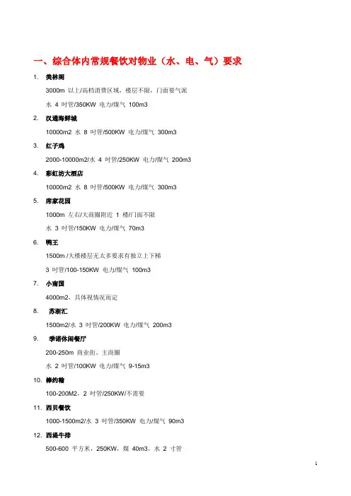 综合体各种餐饮门店物业(建、结、水、暖、电)要求 汇编