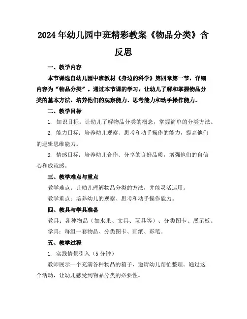 2024年幼儿园中班精彩教案《物品分类》含反思