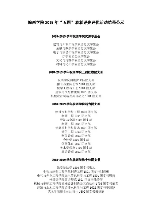 皖西学院2019年五四表彰评先评优活动结果公示