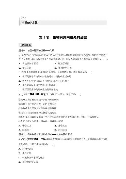 高中生物必修二 练透试卷 第6章 第1节 生物有共同祖先的证据