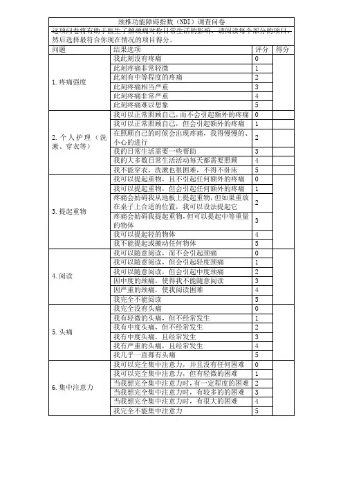 NDI颈椎功能障碍评分表