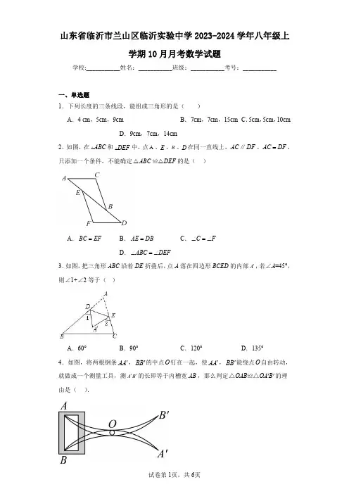山东省临沂市兰山区临沂实验中学2023-2024学年八年级上学期10月月考数学试题