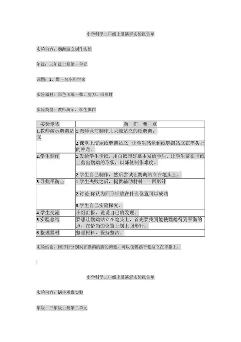 小学科学三年级上册演示实验报告单