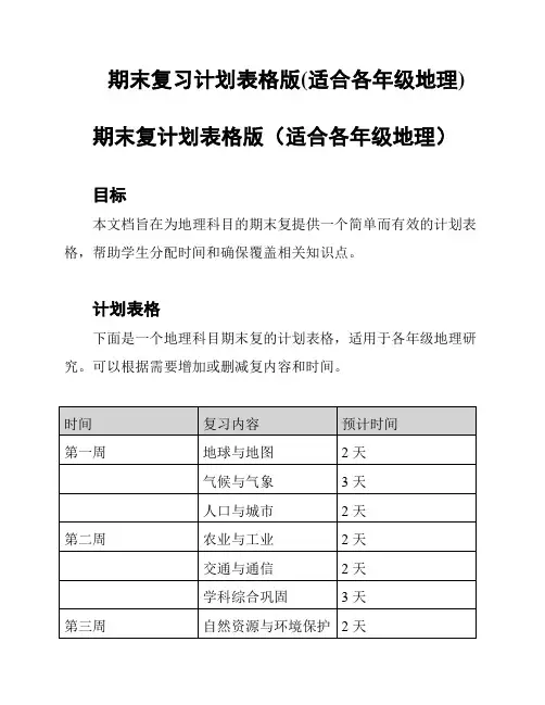 期末复习计划表格版(适合各年级地理)