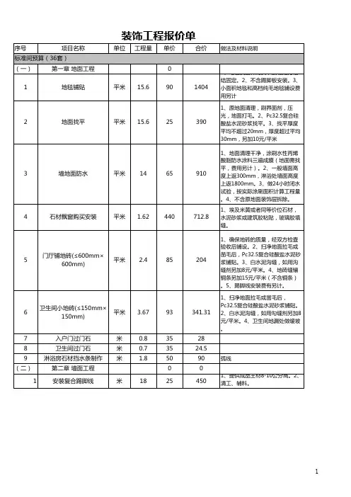 装饰工程报价单填写实例表
