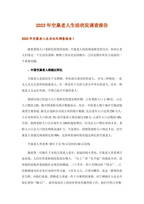 2023年空巢老人生活状况调查报告