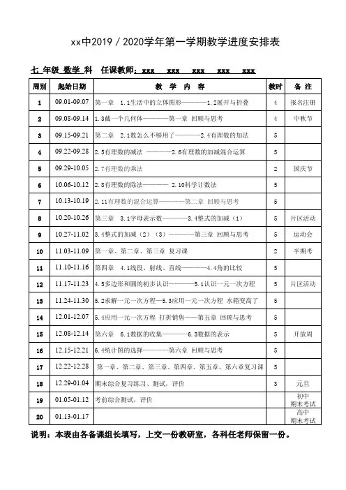 2019-2020学年七年级数学教学进度安排表