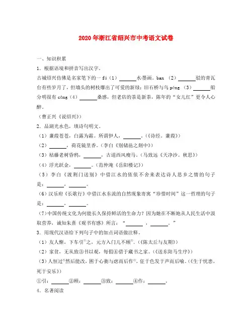 浙江省绍兴市2020年中考语文真题试题(含解析)