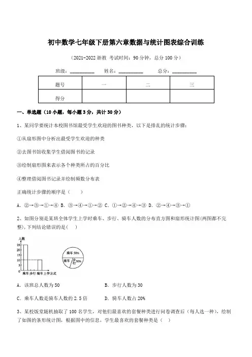 中考特训浙教版初中数学七年级下册第六章数据与统计图表综合训练练习题(含详解)