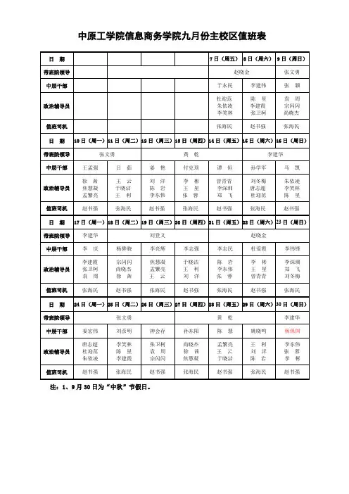 中原工学院信息商务学院九月份主校区值班表