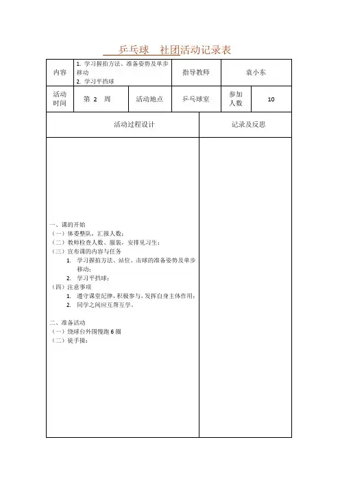 乒乓球  社团活动记录表