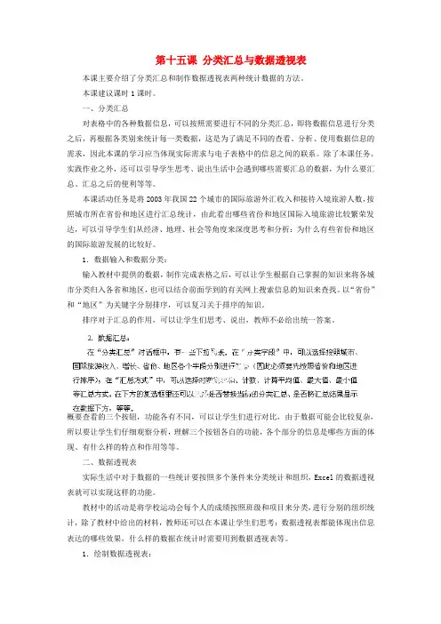 驻操营学区初中信息技术第一册 第十五课 分类汇总与数据透视表教案 新人教版