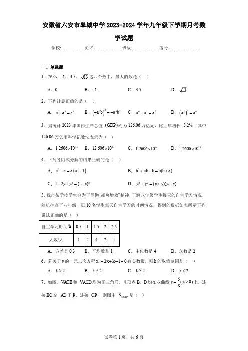 安徽省六安市皋城中学2023-2024学年九年级下学期月考数学试题