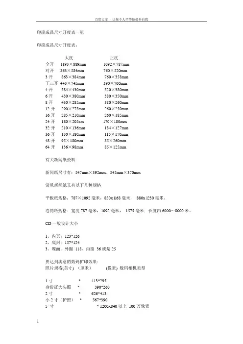 印刷成品尺寸开度表一览