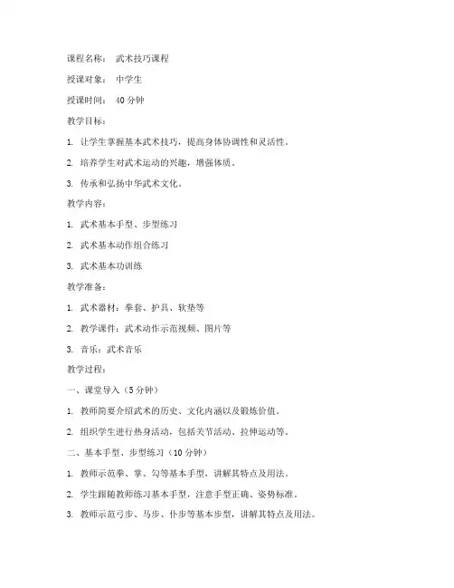 武术技巧课程教案模板范文