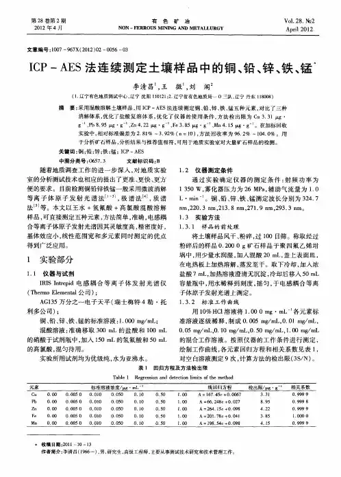 ICP-AES法连续测定土壤样品中的铜、铅、锌、铁、锰