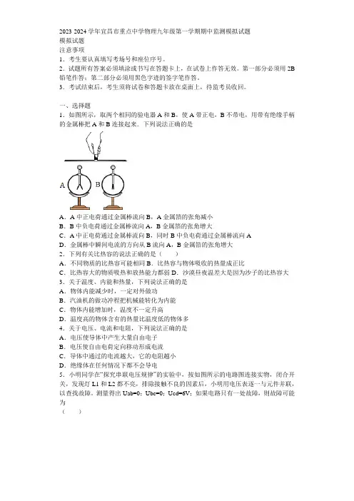 2023-2024学年宜昌市重点中学物理九年级第一学期期中监测模拟试题含解析
