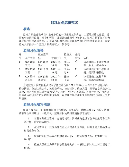 监理月报表格范文