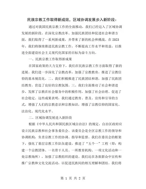 民族宗教工作取得新成效,区域协调发展步入新阶段