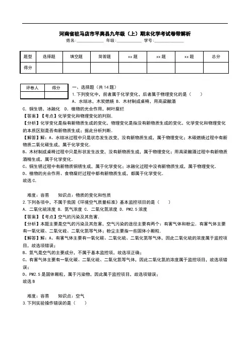 河南省驻马店市平舆县九年级(上)期末化学考试卷带解析.doc