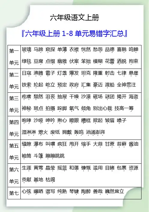 六年级语文上册1-8单元易错字汇总
