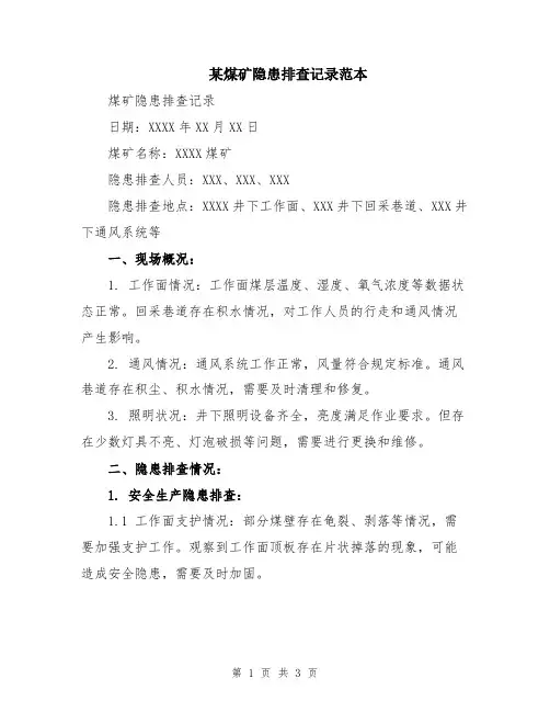 某煤矿隐患排查记录范本