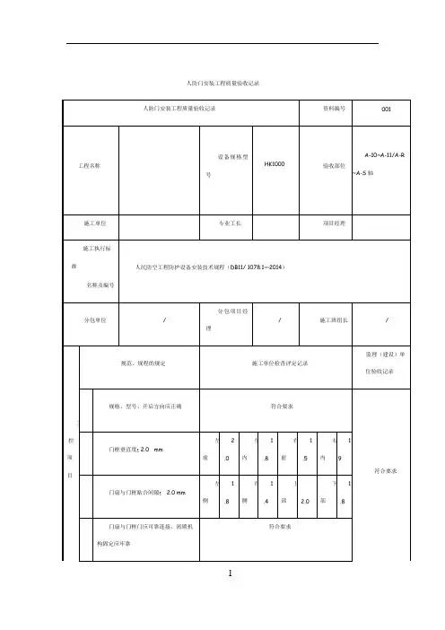 人防门安装工程质量验收记录