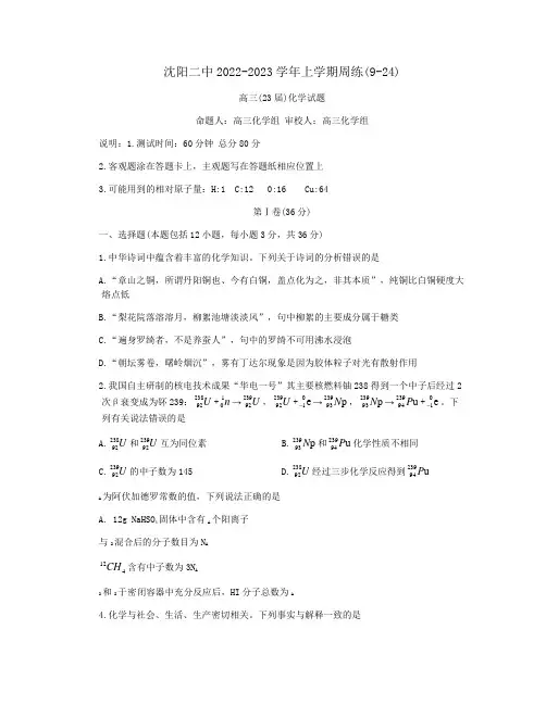 2022-2023学年辽宁省沈阳市第二中学高三上学期周练习化学试卷
