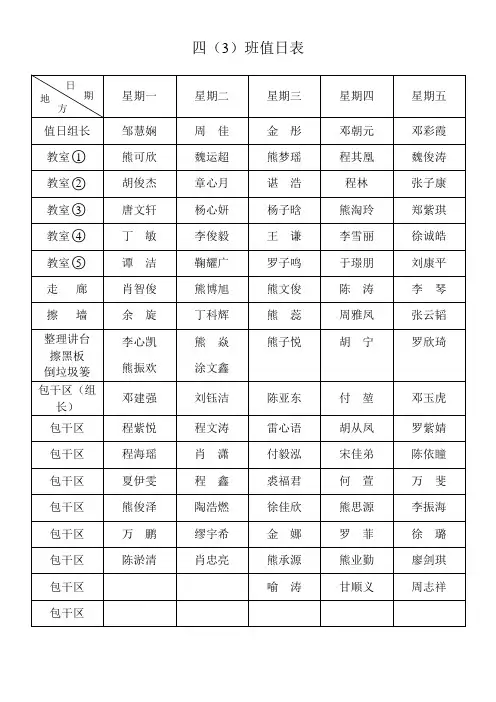 小学值日安排表