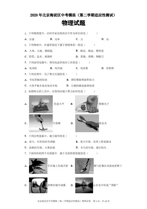 2020年北京海淀区中考模拟(第二学期适应性测试)物理试题及参考答案