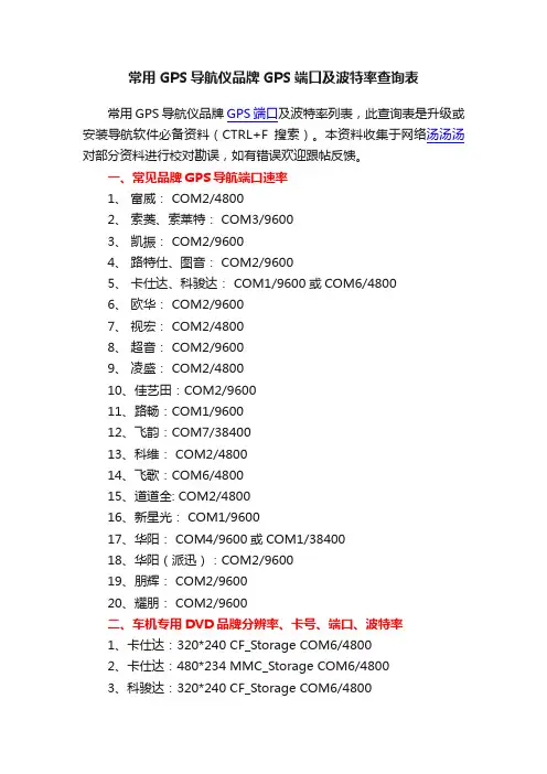 常用GPS导航仪品牌GPS端口及波特率查询表
