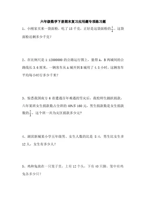 六年级数学下册期末复习应用题专项练习题