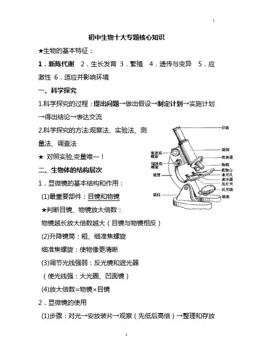 初中生物中考复习十大专题知识要点
