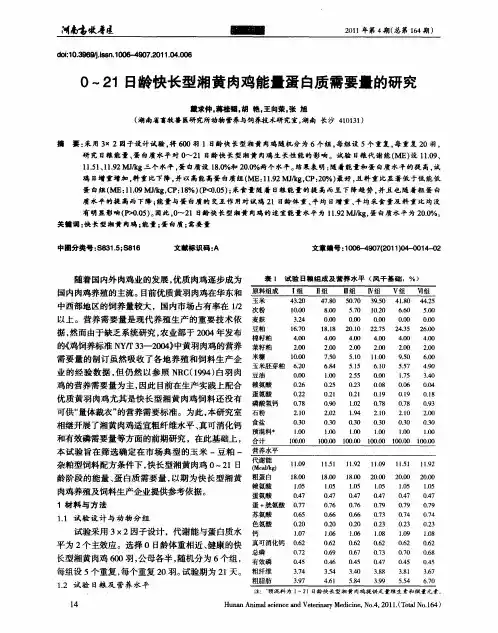 0～21日龄快长型湘黄肉鸡能量蛋白质需要量的研究