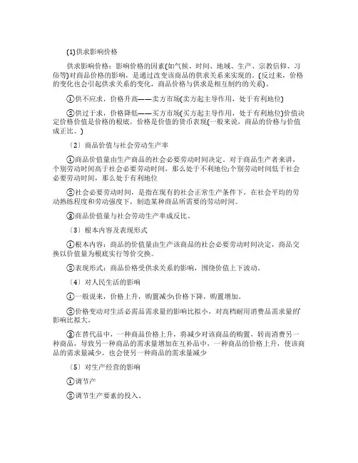影响价格的因素知识点总结