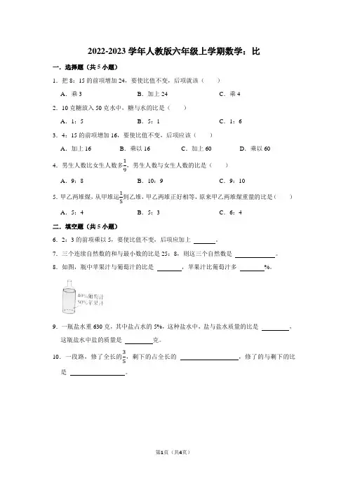 2022-2023学年人教版六年级上学期数学：比(附答案解析)
