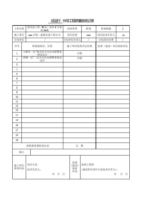 火灾自动报警系统试运行分项工程质量验收记录、火灾自动报警系统试运行检验批质量验收记录及报审表