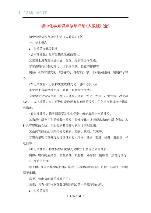 初中化学知识点总结归纳(人教版)(全)