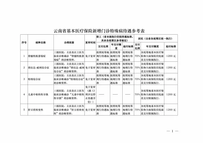 2024云南省基本医疗保险新增门诊特殊病待遇参考表