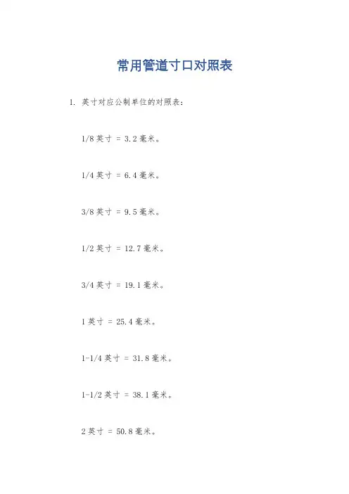 常用管道寸口对照表