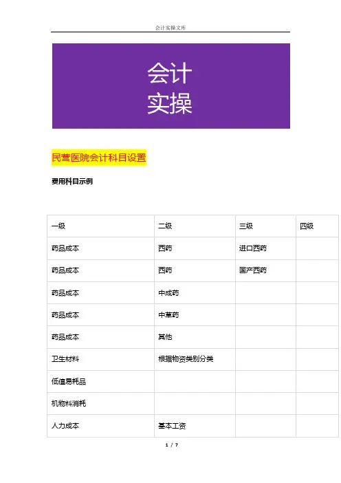 民营医院会计科目设置