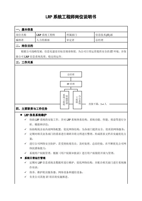 LRP系统工程师岗位说明书