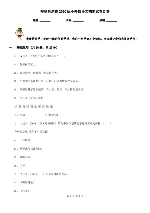 呼伦贝尔市2020版小升初语文期末试卷D卷